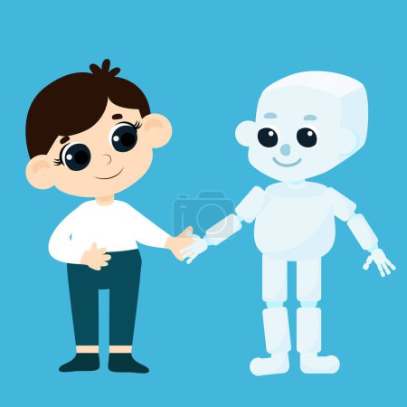Téléchargez les photos : Un mignon garçon tient un charmant robot par la main. Illustration en style dessin animé isolé sur blanc. - en image libre de droit