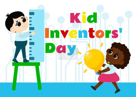 Illustration for Kid Inventors Day. A cute boy and measures letters and a girl carries a light bulb in her hands and the text Children's Invention Day in cartoon children's style. - Royalty Free Image