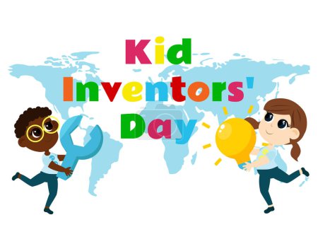 Illustration for Kid Inventors Day. Cute boy and girl with light bulb and wrench and text Children's Invention Day. Cartoon childish style. - Royalty Free Image