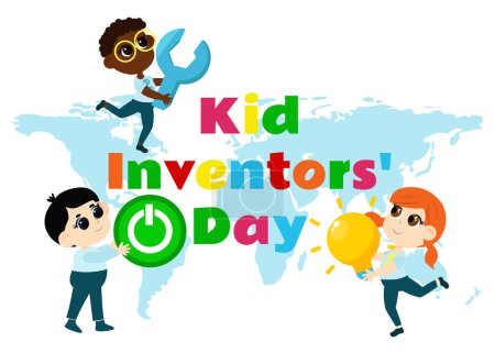 Illustration for Kid Inventors Day. Cute boy and girl with light bulb and wrench and turn on button and text Children's Invention Day in cartoon childish style. - Royalty Free Image