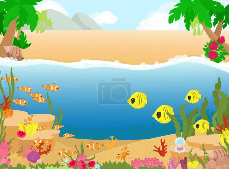 Téléchargez les photos : Tropical seashore with mountains, palm trees, shells, sand and underwater world of corals and marine fish and seaweed cartoon style. Tourism and recreation near the water. - en image libre de droit