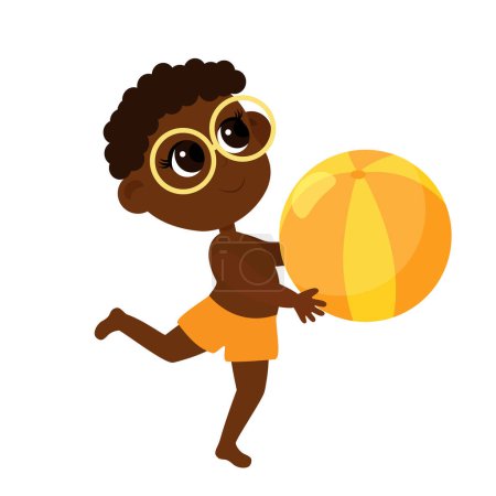 Ilustración de Boy African or African American in summer beach shorts and glasses take the ball in his hands. Cartoon illustration of a child isolated on a white background. - Imagen libre de derechos