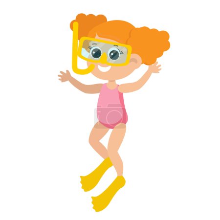Téléchargez les photos : Girl in a swimsuit and snorkeling equipment. Child illustration in cartoon style isolated on white background. Children's activity underwater. - en image libre de droit