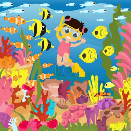 Téléchargez les photos : Children play on the tropical shore and swim on an inflatable crocodile. Under the water near the coral reefs, children aqua divers swim together with fish, jellyfish and a stingray. Picture for children's puzzles. - en image libre de droit