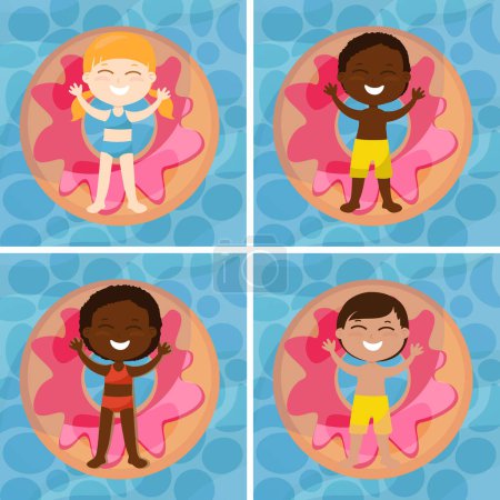 Illustration for A set of cute children float on an inflatable circle in the form of a donut. Boys and girls are dressed in swimsuits and shorts. Summer illustration in cartoon style. - Royalty Free Image