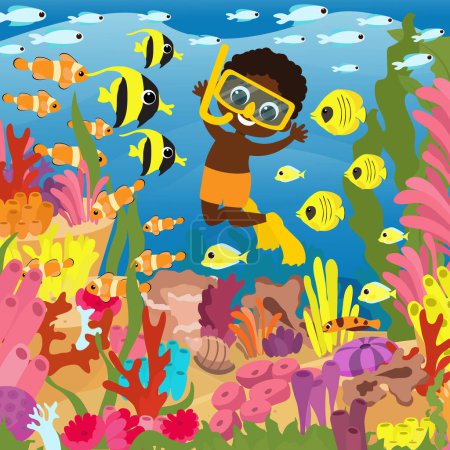 Téléchargez les photos : Photo pour casse-tête pour enfants. Riche monde marin sous-marin. Sous l'eau près des récifs coralliens, un garçon aquadiver nage avec des poissons. - en image libre de droit