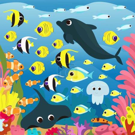 Téléchargez les photos : Riche monde sous-marin et de nombreux poissons, algues et plantes. Beaucoup de poissons tropicaux, de dauphins et de raies nagent près des récifs coralliens, des algues, des récifs et de diverses plantes marines. Scène verticale dans le style de dessin animé. - en image libre de droit