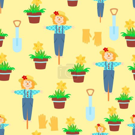 Illustration for Seamless pattern charming scarecrow, flower pots, gardening gloves and a shovel in a cartoon children's style. Gardening and gardening on a home plot or farm. Pattern for packaging textiles. - Royalty Free Image