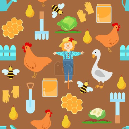 Illustration for Seamless pattern with cute scarecrow and farm, chicken, bee, honey, cabbage, cauliflower - Royalty Free Image
