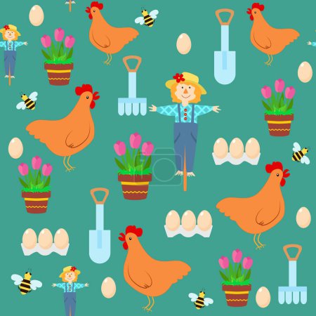 Illustration for Seamless pattern cute scarecrow, planter with flowers tulips, bee, chicken, tray with eggs, spatula and rake in cartoon children's style. Gardening and gardening on a home plot or farm. - Royalty Free Image