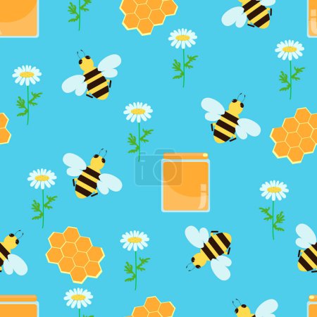 Téléchargez les photos : Modèle sans couture miel et les abeilles avec des fleurs de marguerite dans un style de dessin animé pour enfants. Jardinage et jardinage sur une parcelle de terrain ou une ferme. Modèle pour l'emballage des textiles. - en image libre de droit