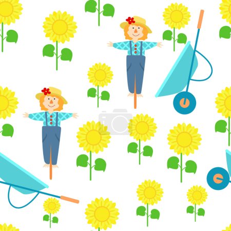 Illustration for Seamless pattern charming scarecrow, wheelbarrow and sunflower in cartoon children's style. Gardening and gardening on a home plot or farm. Pattern for packaging textiles. - Royalty Free Image