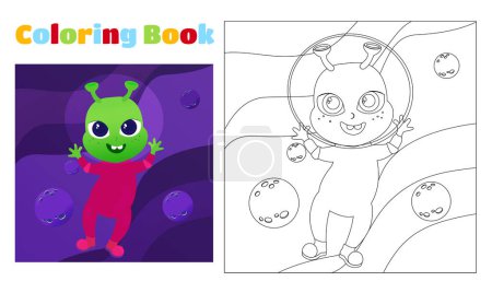 Illustration for Oloring book for children friendly alien in space in a space suit and a helmet among the planets. Pages for kindergarten or elementary school. - Royalty Free Image