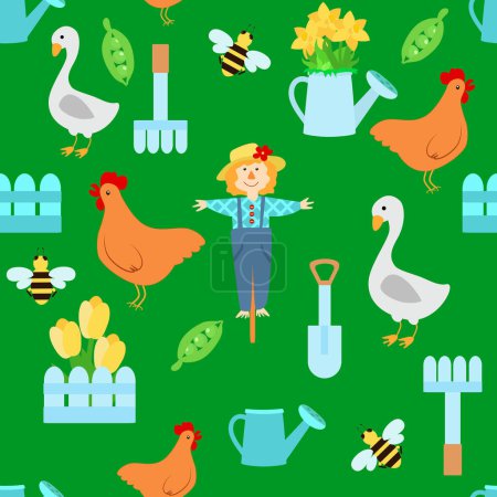 Illustration for Seamless pattern with cute scarecrow, chicken, goose, watering can with flowers, tulips and daffodils in cartoon style. Pattern for packaging textiles - Royalty Free Image