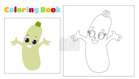 Illustration for Children's coloring charming zucchini smiles. Coloring page for children aged 4-8 in kindergarten and elementary school. Illustration and black and white outline. - Royalty Free Image
