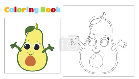 Illustration for Children's coloring adorable happy avocado smiling. Coloring page for children aged 4-8 in kindergartens and elementary school. Illustration and black and white outline. - Royalty Free Image