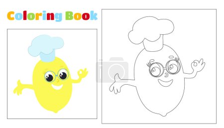 Illustration for Children's coloring lemon in a chef's hat smiles. Coloring page for children aged 4-8 in kindergarten and elementary school. Illustration and black and white outline. - Royalty Free Image