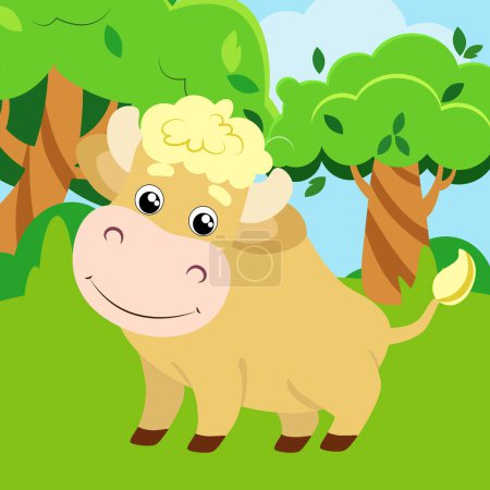 Téléchargez les photos : Un joli taureau se dresse sur une prairie verte. Illustration dans le style dessin animé pour enfants. Animaux domestiques dans la nature. - en image libre de droit