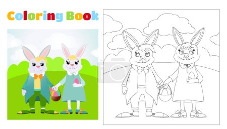 Illustration for Children's coloring Easter bunnies dressed in a suit and a dress stands on green grass. Coloring page for children ages 4-11 in kindergarten and elementary school. Illustration and black and white outline. - Royalty Free Image