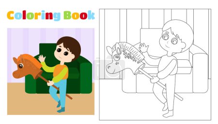 Illustration for Children's coloring boy rides a toy horse in a cartoon style. Coloring page for children aged 4-8 in kindergarten and elementary school. Illustration and black and white outline. - Royalty Free Image