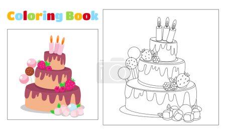 Téléchargez les photos : Gâteau à colorier pour enfants trois niveaux avec des bougies et de la crème au chocolat, guimauve, bonbons pop, sucette dans le style dessin animé. - en image libre de droit