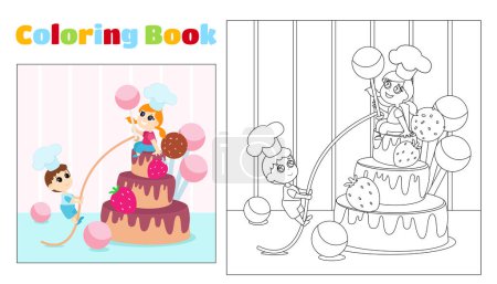 Illustration for Children's coloring boy and girl in chef's hats near the cake and sweets. Coloring page for children ages 4-11 in kindergarten and elementary school. Illustration and black and white outline. - Royalty Free Image