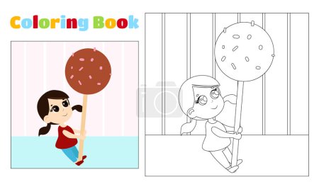 Illustration for Children's coloring girl with big candy pop. Coloring page for children ages 4-11 in kindergarten and elementary school. Illustration and black and white outline. - Royalty Free Image