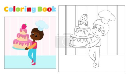 Téléchargez les photos : Le garçon à colorier des enfants dans un chapeau de chef porte un gâteau. Coloriage pour les enfants de 4 à 11 ans à la maternelle et à l'école primaire. Illustration et contour noir et blanc. - en image libre de droit