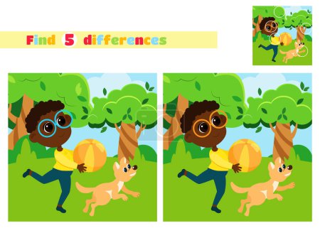 Téléchargez les photos : Trouvez les différences. Garçon courant dans le parc près des arbres avec balle et chien en style dessin animé. Un jeu éducatif pour les enfants à l'école primaire ou maternelle. - en image libre de droit