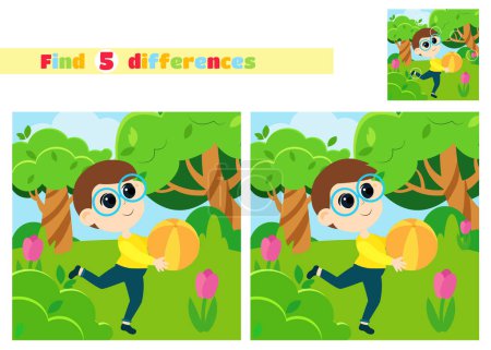 Téléchargez les photos : Trouvez les différences. Un garçon court avec une balle dans un parc verdoyant dans un style de dessin animé. Un jeu éducatif pour les enfants à l'école primaire ou maternelle. - en image libre de droit