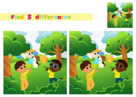 Téléchargez les photos : Trouvez les différences. Les enfants jouent dans le parc. Les garçons lancent la balle et la fille joue avec le chien dans un style de dessin animé. Un jeu éducatif pour les enfants à l'école primaire ou maternelle. - en image libre de droit