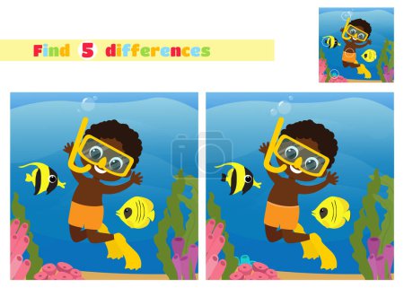 Illustration for Find the differences. Boy aquadiver in underwater world near corals and algae with fishes in cartoon style. An educational game for children in elementary school or kindergarten. - Royalty Free Image