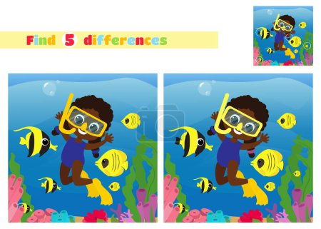 Téléchargez les photos : Trouvez les différences. Aquadiver fille. Monde sous-marin de coraux et d'algues avec des poissons en style dessin animé. Un jeu éducatif pour les enfants à l'école primaire ou maternelle. - en image libre de droit