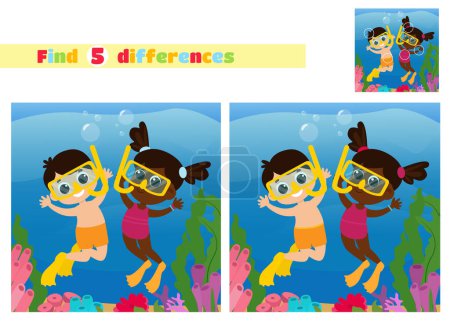Téléchargez les photos : Trouvez les différences. Enfants fille et garçon plongeurs aqua. Monde sous-marin de coraux et d'algues avec des poissons en style dessin animé. Un jeu éducatif pour les enfants à l'école primaire ou maternelle. - en image libre de droit