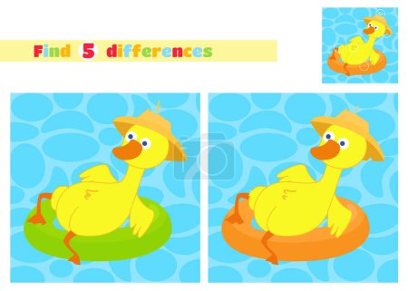Téléchargez les photos : Trouvez les différences. Un canard dans un chapeau flotte sur un cercle gonflable sur l'eau dans un style de dessin animé. Un jeu éducatif pour les enfants à l'école primaire ou maternelle. - en image libre de droit