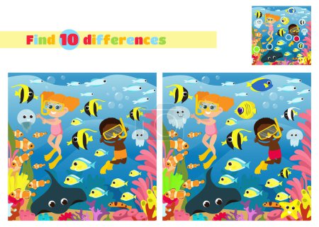 Téléchargez les photos : Trouvez les différences. Les enfants plongeurs aqua nagent avec des poissons. Monde sous-marin ou océanique avec un récif corallien. Un jeu éducatif pour les enfants à l'école primaire ou maternelle. - en image libre de droit