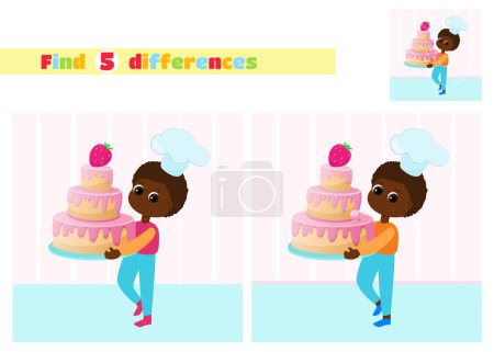 Téléchargez les photos : Trouvez les différences. Chef garçon portant un énorme gâteau sur un plateau en style dessin animé. Un jeu éducatif pour les enfants à l'école primaire ou maternelle. - en image libre de droit