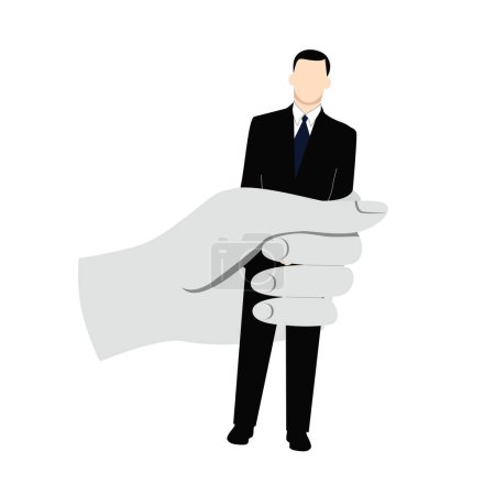 Illustration for A man in a classic suit is clasped in a man's hand. Concept of a person dependent on circumstances, manager, office, in captivity, domestic violence, manipulation, gaslighting, lack of freedom of choice. Cartoon style illustration. - Royalty Free Image