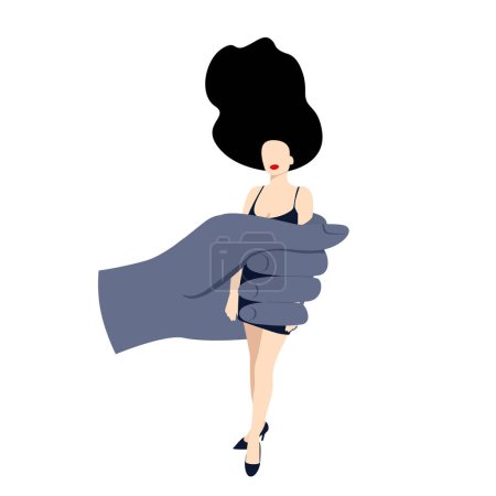 Illustration for A woman in an evening dress is clasped in a man's hand. The concept of a girl in captivity, domestic violence, manipulation, gaslighting, lack of freedom of choice. Cartoon style illustration. - Royalty Free Image