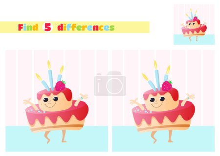 Téléchargez les photos : Trouvez les différences. Un gâteau drôle avec des bougies et des bras et des jambes dansant joyeusement. Un jeu éducatif pour les enfants à l'école primaire ou maternelle. - en image libre de droit