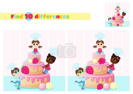Illustration for Find the differences. Children are playing near a huge cake. Children's love for sweets and desserts. Children are dressed in chef's hats. An educational game for children in elementary school or kindergarten. - Royalty Free Image
