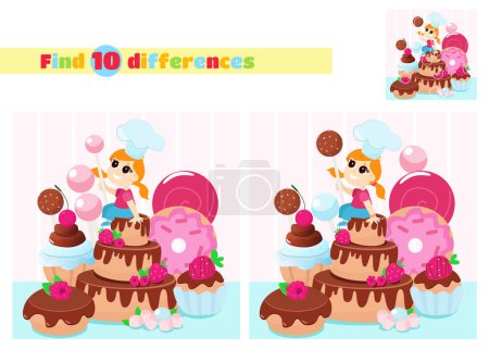 Illustration for Find the differences. The girl is sitting on a huge cake with a lollipop in her hand. The child is dressed in a chef's hat. An educational game for children in elementary school or kindergarten. - Royalty Free Image