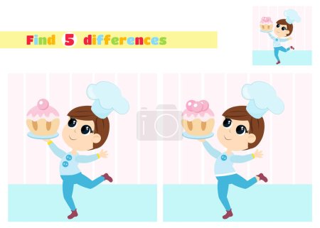 Illustration for Find the differences. A boy carries a decorated cupcake on a tray. The boy is dressed in a chef's hat. An educational game for children in elementary school or kindergarten. - Royalty Free Image