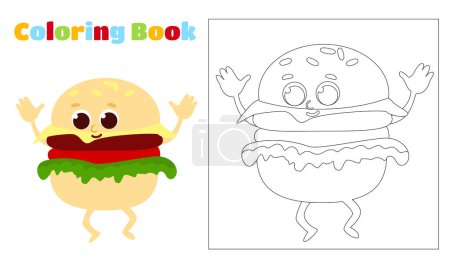 Illustration for Coloring fun hamburger. Food has a face, arms and legs and smiles happily. Worksheet for children in kindergartens, schools, cafes and restaurants. - Royalty Free Image
