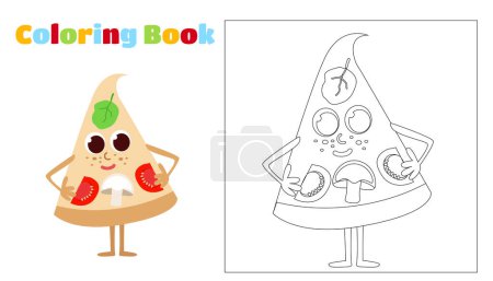 Illustration for Coloring a piece of fun pizza. Food has a face, arms and legs and smiles happily. Worksheet for children in kindergartens, schools, cafes and restaurants. - Royalty Free Image