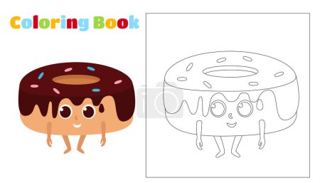 Illustration for Coloring fun donut in chocolate glaze. The food has a face, arms and legs and smiles happily. Worksheet for children in kindergartens, schools, cafes and restaurants. - Royalty Free Image