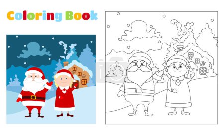 Illustration for Coloring Pages Santa Claus and Mrs. Santa are standing in front of their house and waving their arms against the backdrop of a fabulous winter landscape. - Royalty Free Image