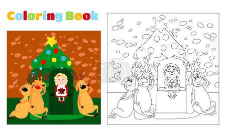 Téléchargez les photos : Livre de coloriage de Noël pour enfants et adultes. Mme le Père Noël lit un livre Reindeer dans une maison. Mère Noël est assise sur une chaise près d'un arbre de Noël décoré. Personnages de dessins animés des vacances d'hiver. - en image libre de droit
