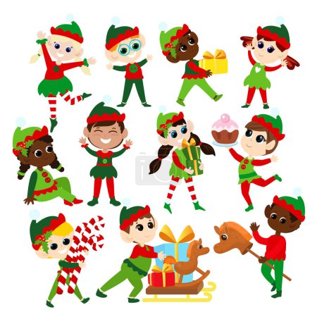 Set Weihnachtselfen. Multikulturelle Jungen und Mädchen in traditionellen Elfenkostümen. Die Helfer des Weihnachtsmannes sind zufrieden. Sie tanzen, lächeln, bringen Geschenke, tragen Lutscher und Süßigkeiten bei sich. Gestaltung von Weihnachtsfiguren.