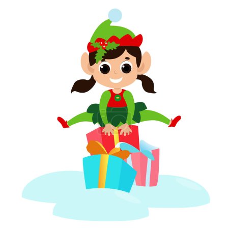 Téléchargez les photos : Petite fille elfe saute par-dessus des boîtes-cadeaux. L'enfant est heureux et vêtu d'un costume traditionnel d'elfe. Elle a un visage mignon et des yeux heureux. Illustration festive en style dessin animé isolé sur fond blanc. - en image libre de droit
